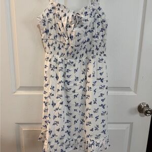SHEIN White Mini Dress with Blue Floral Print and Ruffle Detail
